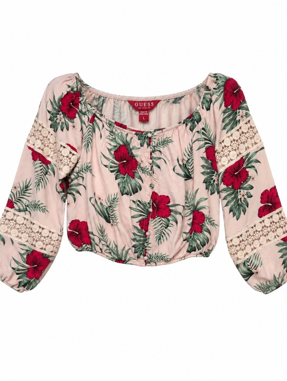 GUESS Pink Floral Lace-Trim Crop Top with Red Blossoms